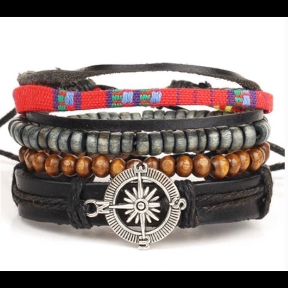 4Pcs Adjustable Tie Leather & Beads Punk Bracelet
